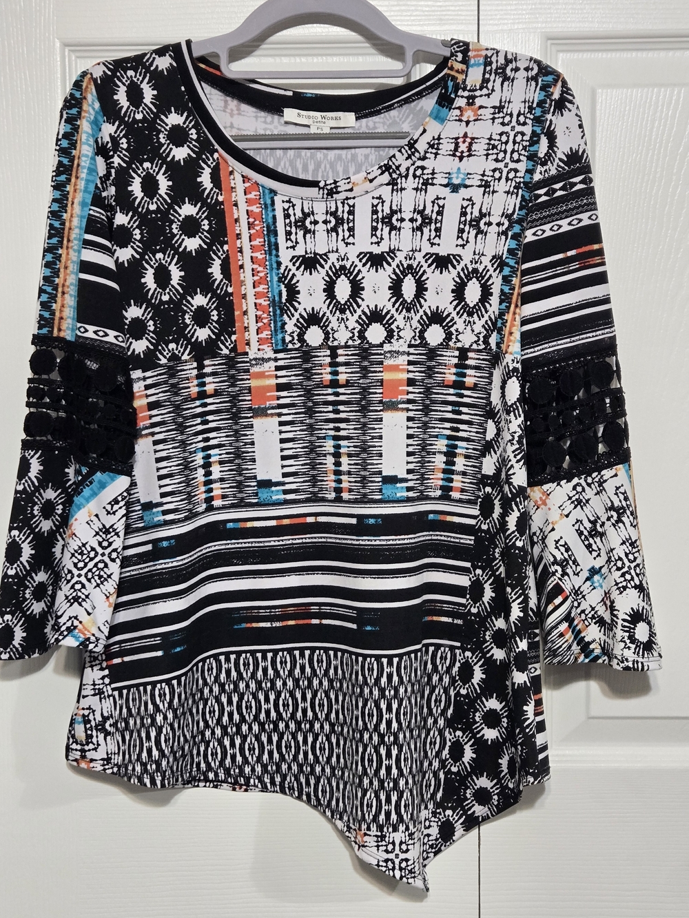 Studio Works Black Geometric-Print 3/4 Sleeve Tunic with Coral & Teal Accents